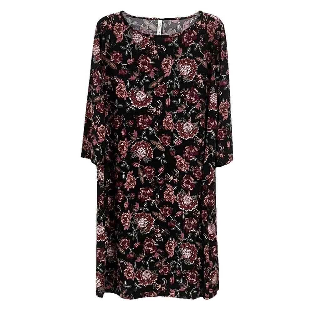 NY Collection Women’s Black Pink Floral Boatneck Shift Dress 3/4 Sleeves XL